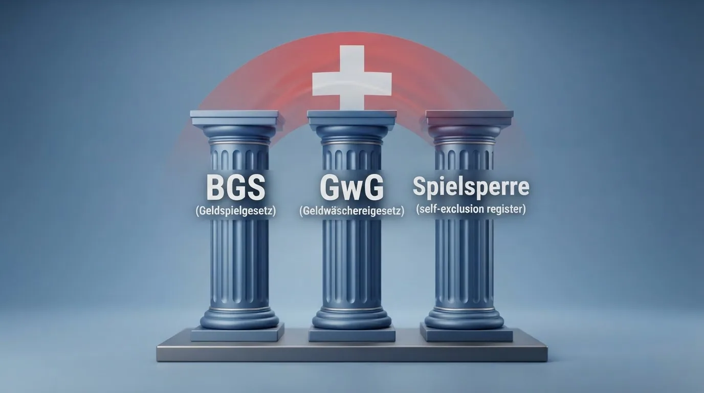 Drei stilisierte Säulen mit den Labels «BGS», «GwG» und «Spielsperre», die ein Dach mit Schweizer Kreuz tragen