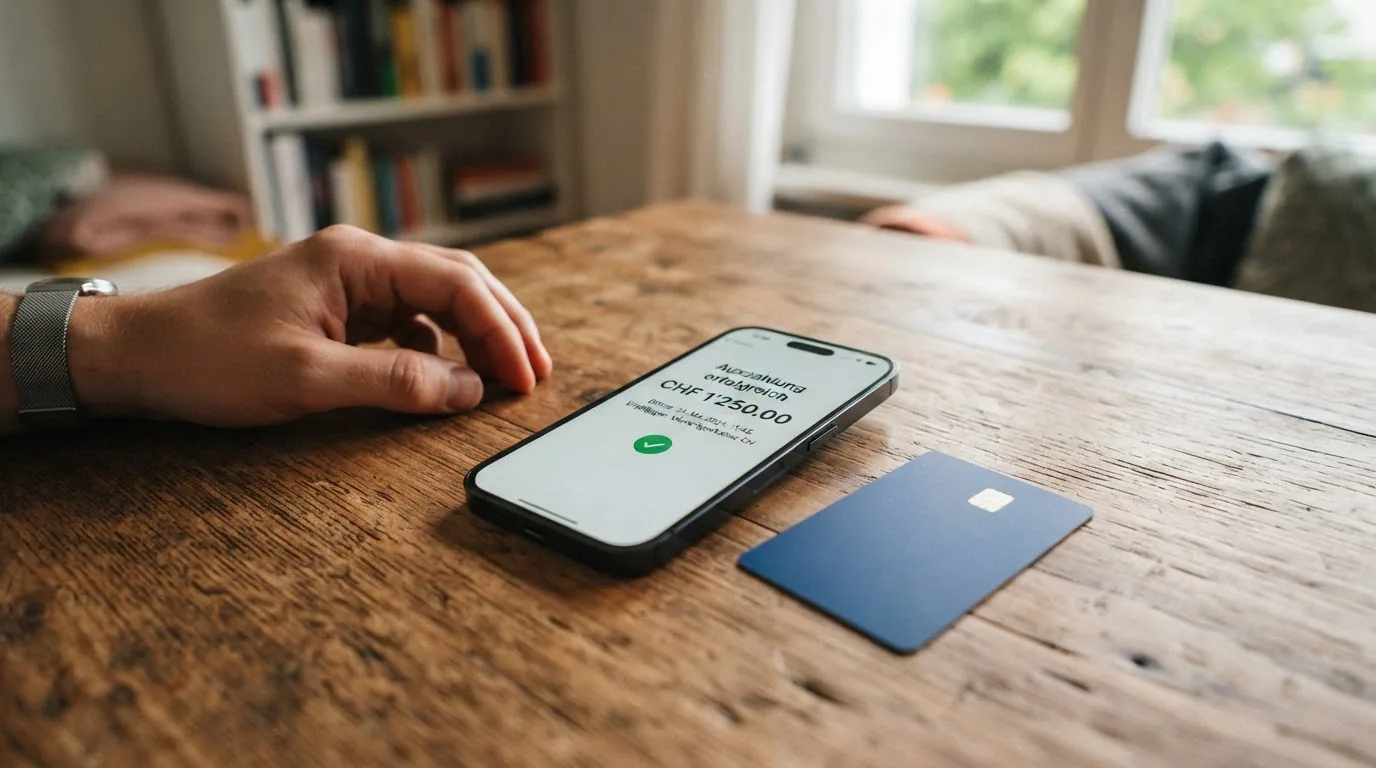 Ein Smartphone mit geöffneter Banking-App und dem TWINT-Logo, daneben der Hinweis «Auszahlung erfolgreich»