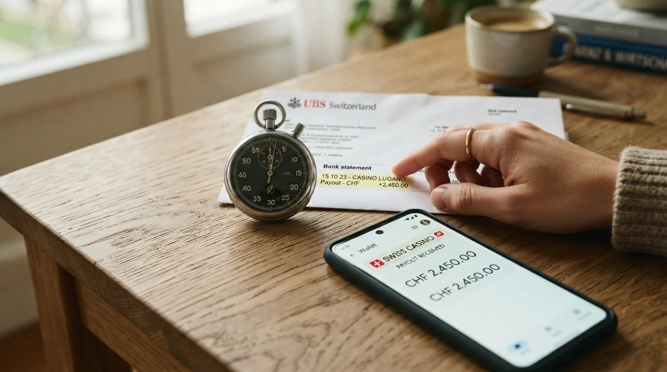 Eine Stoppuhr neben einem Bankkontoauszug mit einer markierten Casino-Überweisung, im Vordergrund ein Smartphone mit TWINT-App