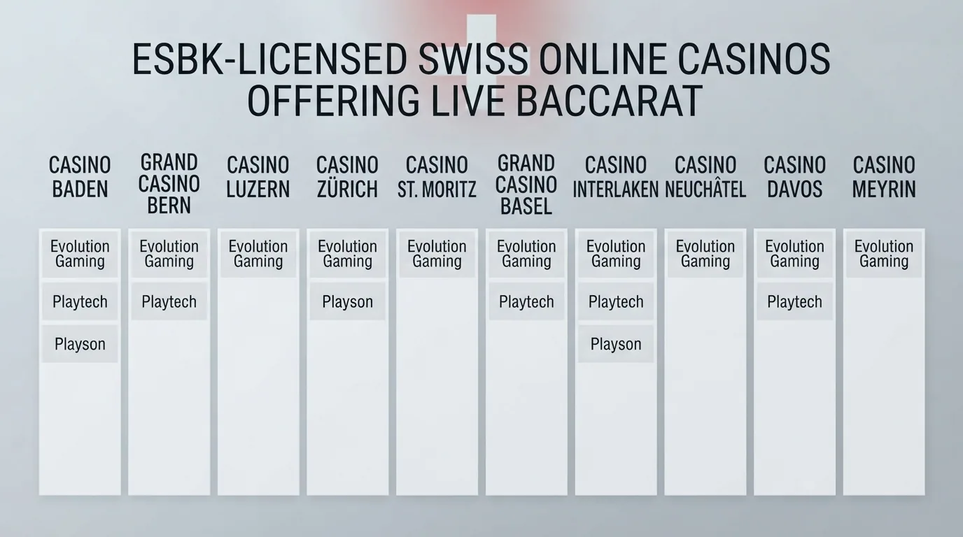 Eine Übersicht der zehn vorgestellten Schweizer Online-Casinos mit ihren Logos und den zugehörigen Live-Baccarat-Providern