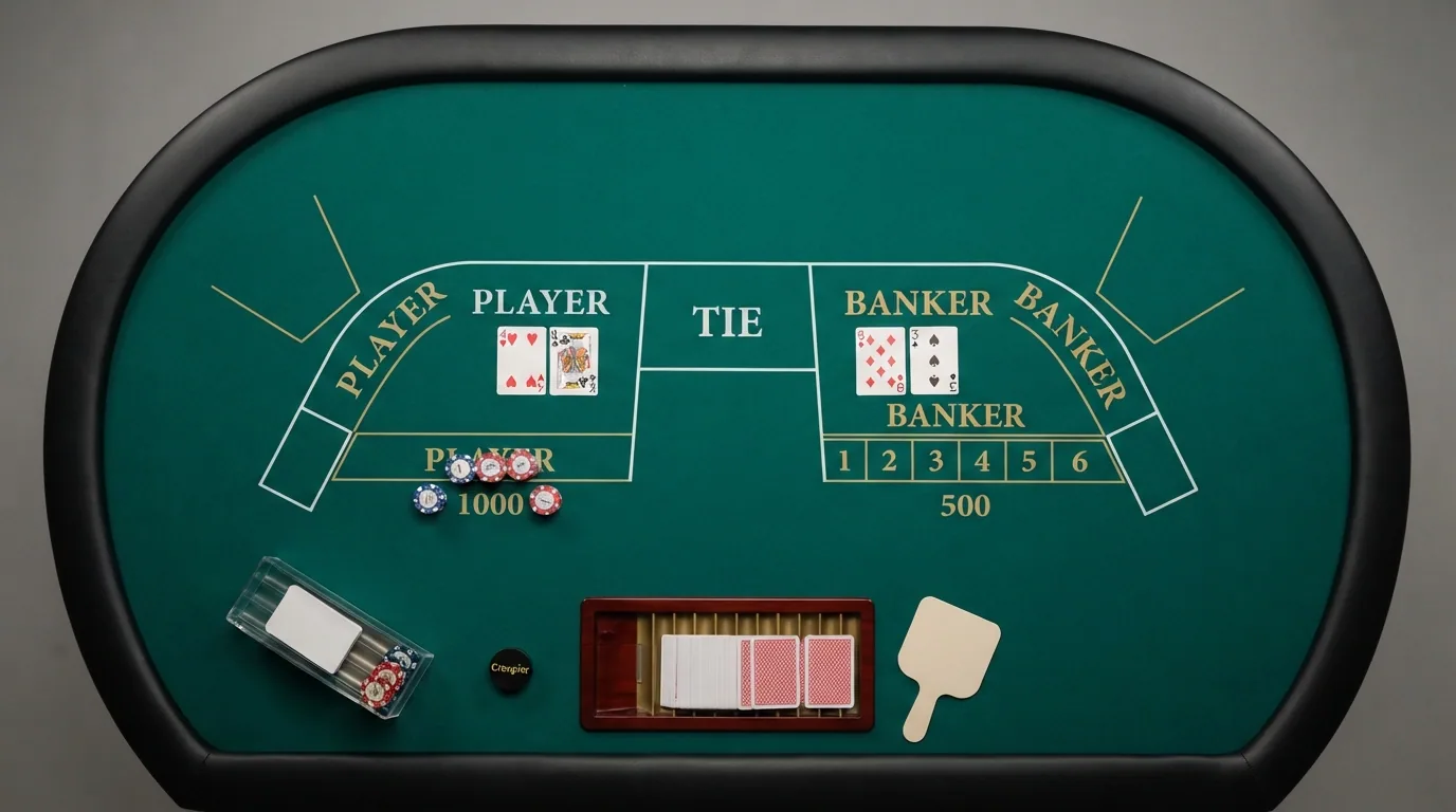 Die Spielansicht eines Baccarat-Tisches mit den drei Einsatzfeldern für Banker, Spieler und Unentschieden