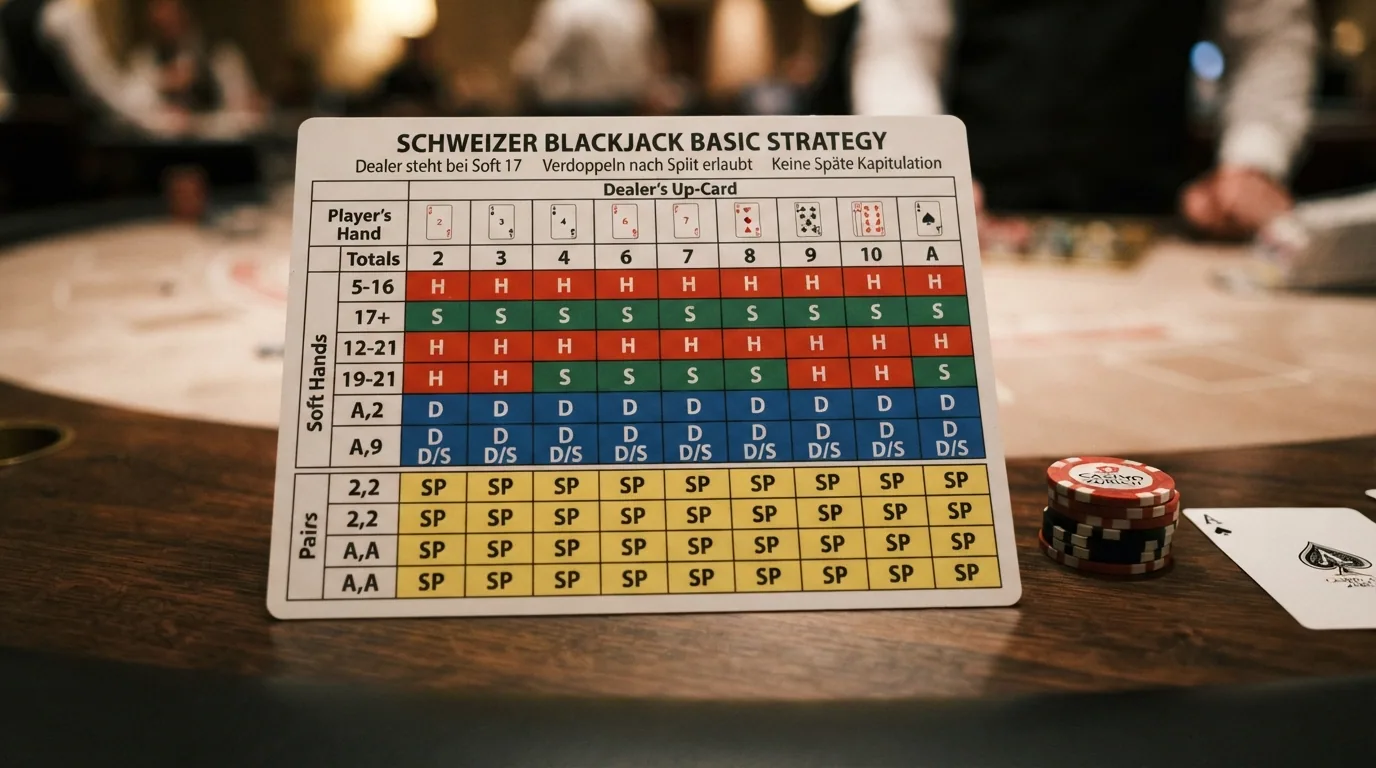 Eine farbcodierte Basic-Strategy-Tabelle mit Entscheidungsfeldern (Hit/Stand/Double/Split), daneben ein Chip-Stapel und eine Spielkarte