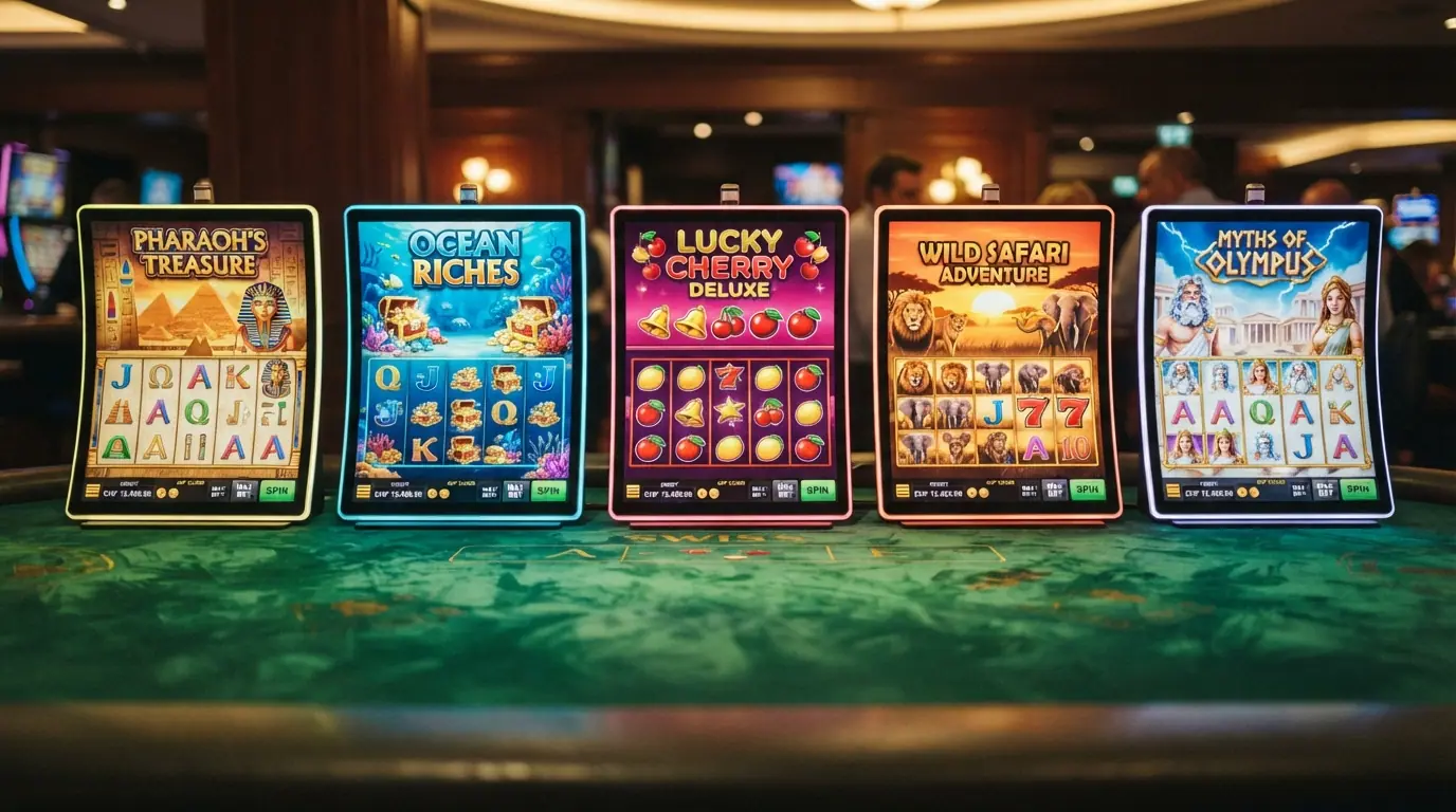 Fünf Slot-Screenshots (Book of Dead, Big Bass Splash, Lucky Lady's Charm Deluxe, Lord of the Ocean, Gates of Olympus) in einer Reihe mit eingeblendeten RTP-Prozentwerten