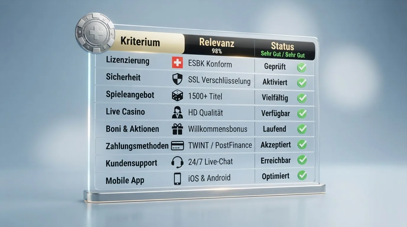 Vergleichstabelle mit allen zehn lizenzierten Schweizer Online-Casinos und farblich hervorgehobenen Bewertungskriterien