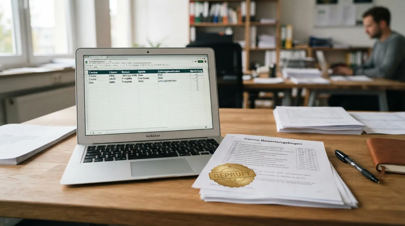 Ein Schreibtisch mit aufgeklapptem Laptop, daneben eine Checkliste mit Haken, ein ESBK-Dokument und ein Kugelschreiber