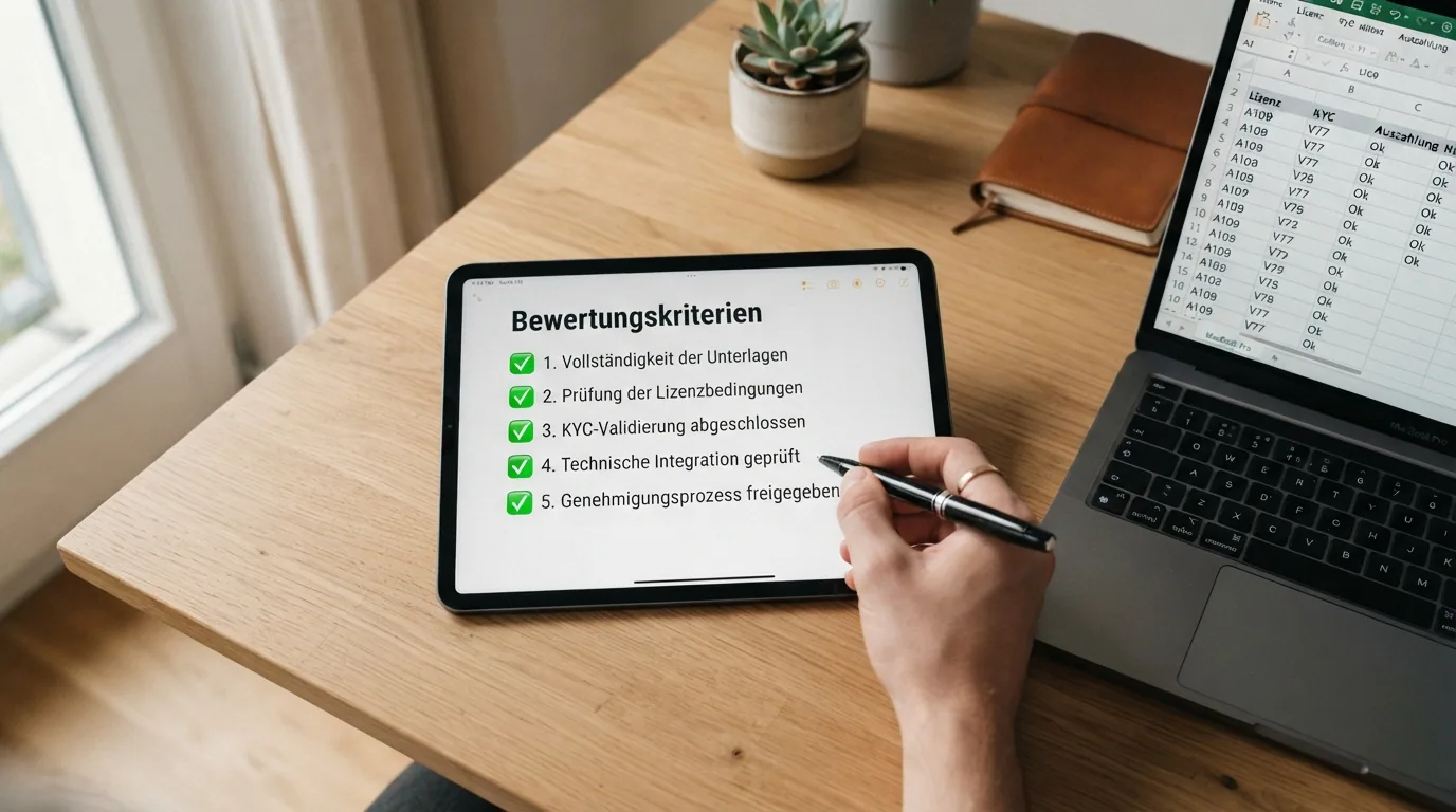 Checkliste mit Bewertungskriterien und Häkchen neben einem geöffneten Laptop