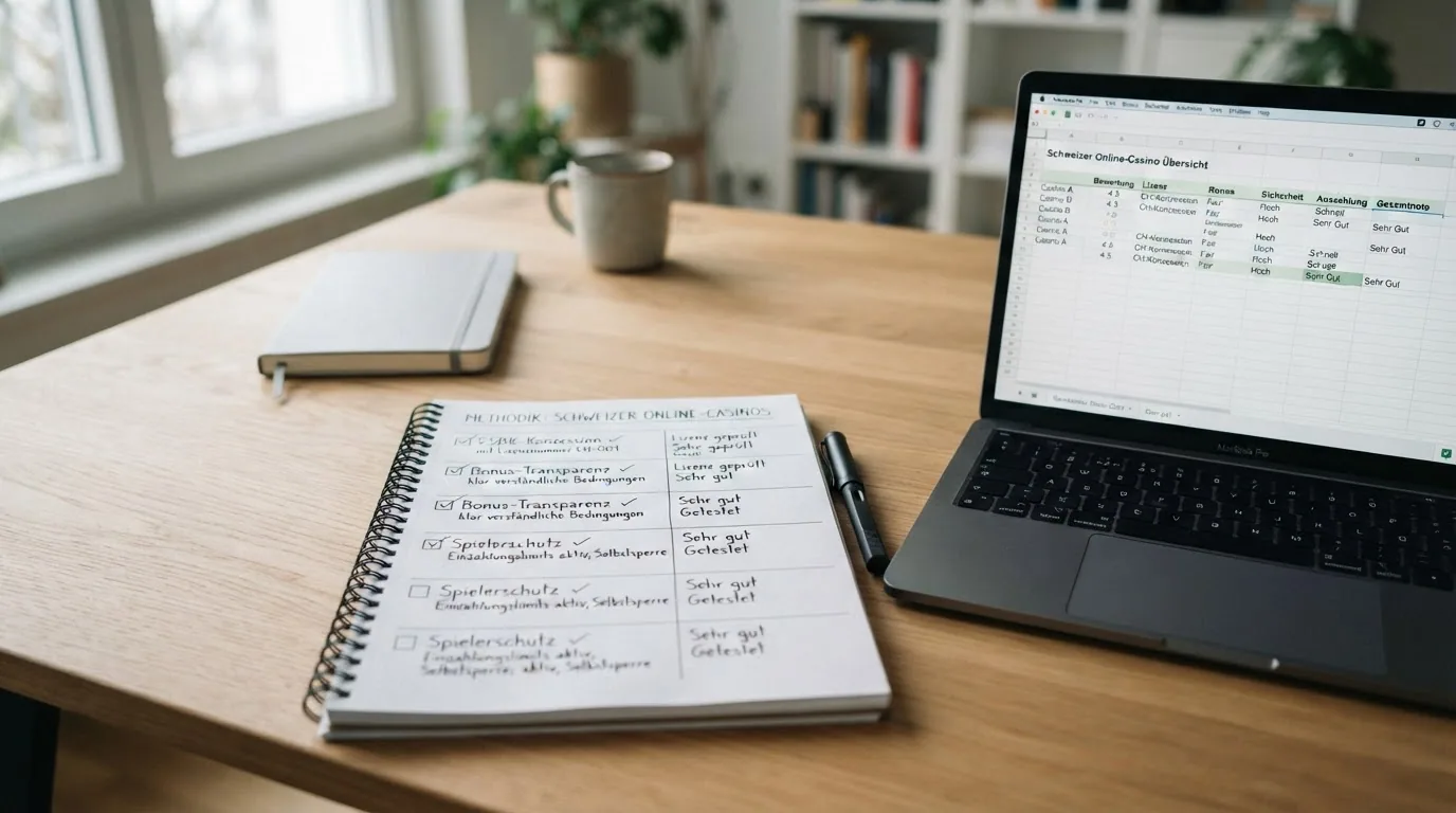 Checkliste mit ESBK-Register-Auszug, Bonus-AGB und Spielerschutz-Kriterien auf einem Schreibtisch