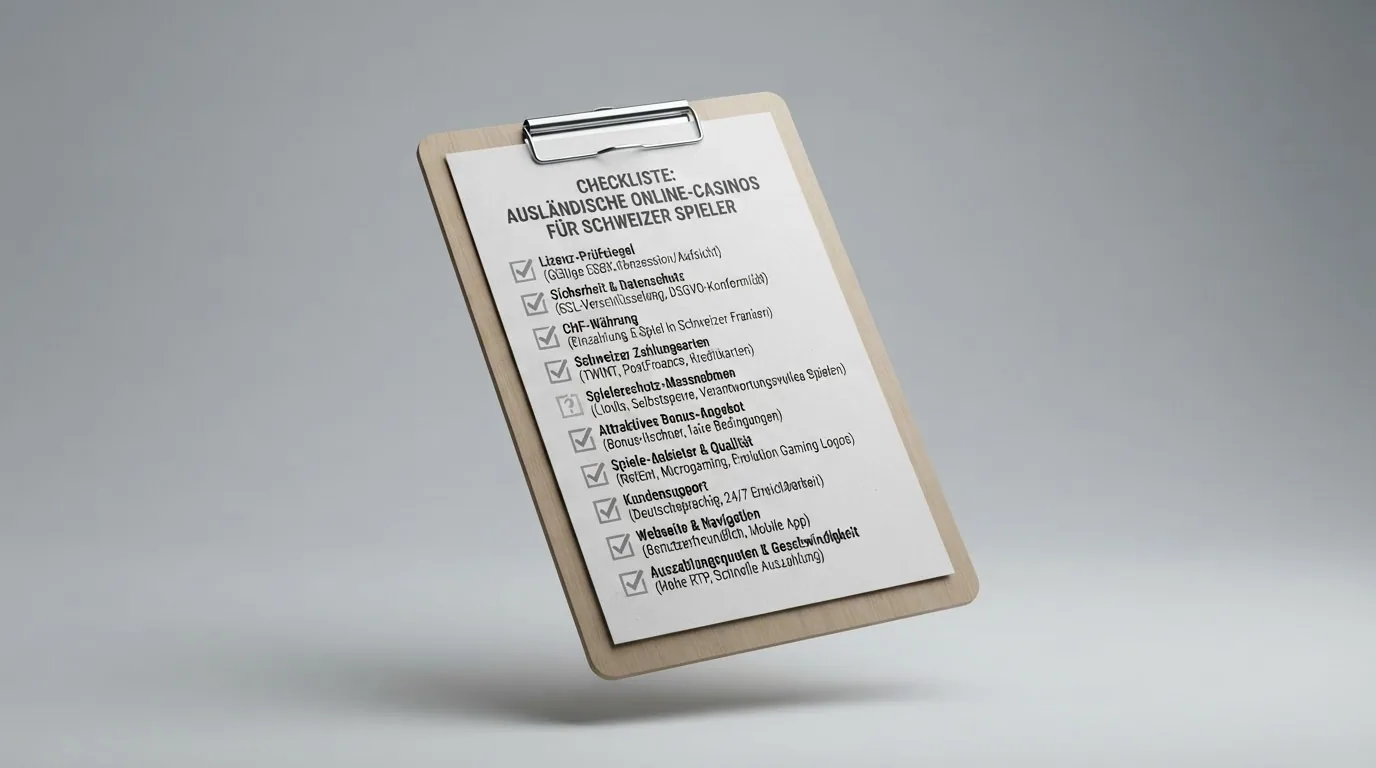 Klemmbrett mit Checkliste: Lizenz-Prüfsiegel, Bonus-Rechner, CHF-Symbol, Provider-Logos — alle mit Haken oder Fragezeichen