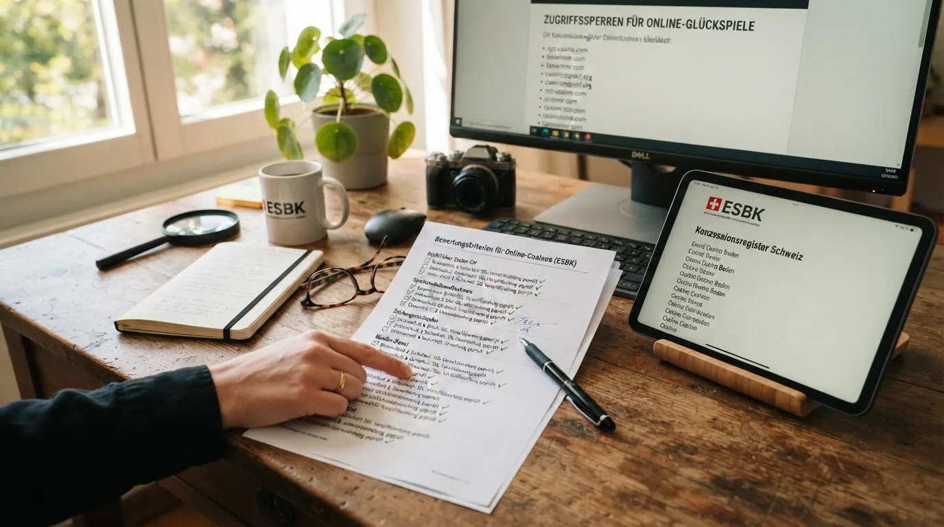 Ein Schreibtisch mit ESBK-Dokumenten, einer Checkliste und einem Bildschirm mit der Sperrliste der ESBK