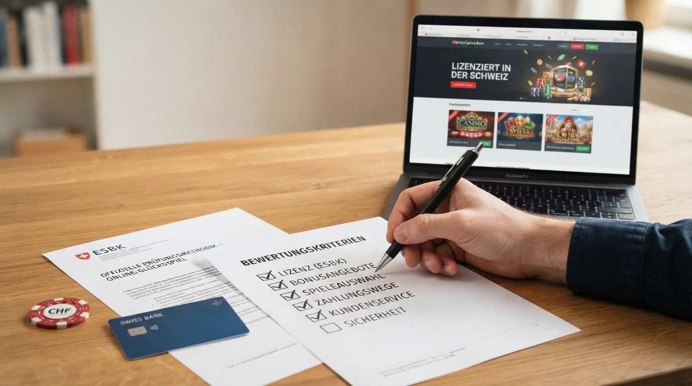 Schreibtisch mit ESBK-Dokumenten, einer Checkliste und einem Bildschirm mit geöffneter Betreiber-Website