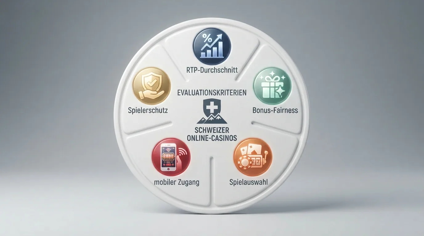 Schaubild der fünf Bewertungskriterien: RTP-Durchschnitt, Bonus-Fairness, Spielauswahl, mobiler Zugang, Spielerschutz