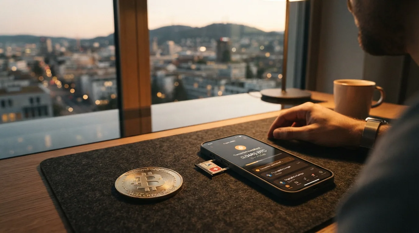 Eine physische Bitcoin-Münze auf einem digitalen Casino-Tisch, daneben eine Wallet-App auf einem Smartphone mit Schweizer SIM-Karte
