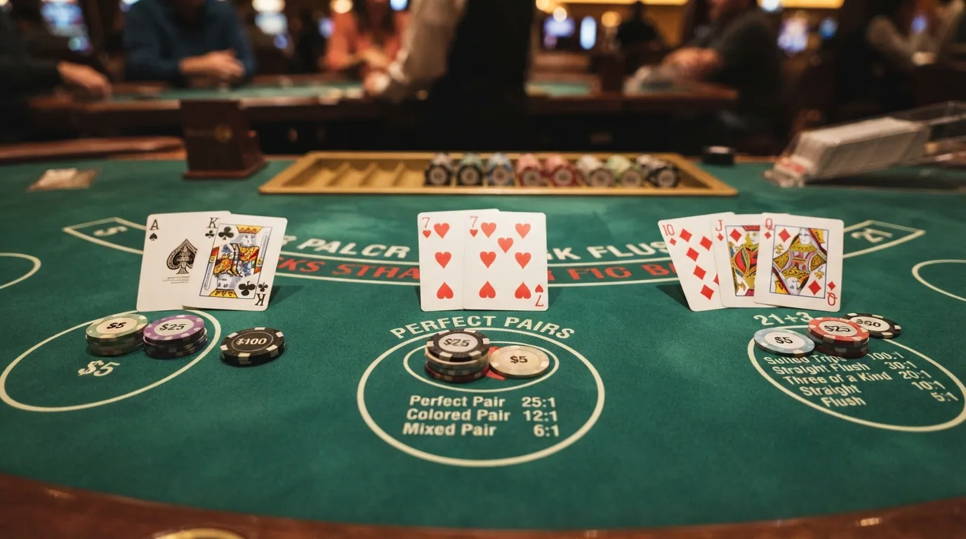 Drei nebeneinanderliegende Blackjack-Hände in unterschiedlichen Varianten: Standard, mit Perfect-Pairs-Seitenwette und mit 21+3-Wettfeld