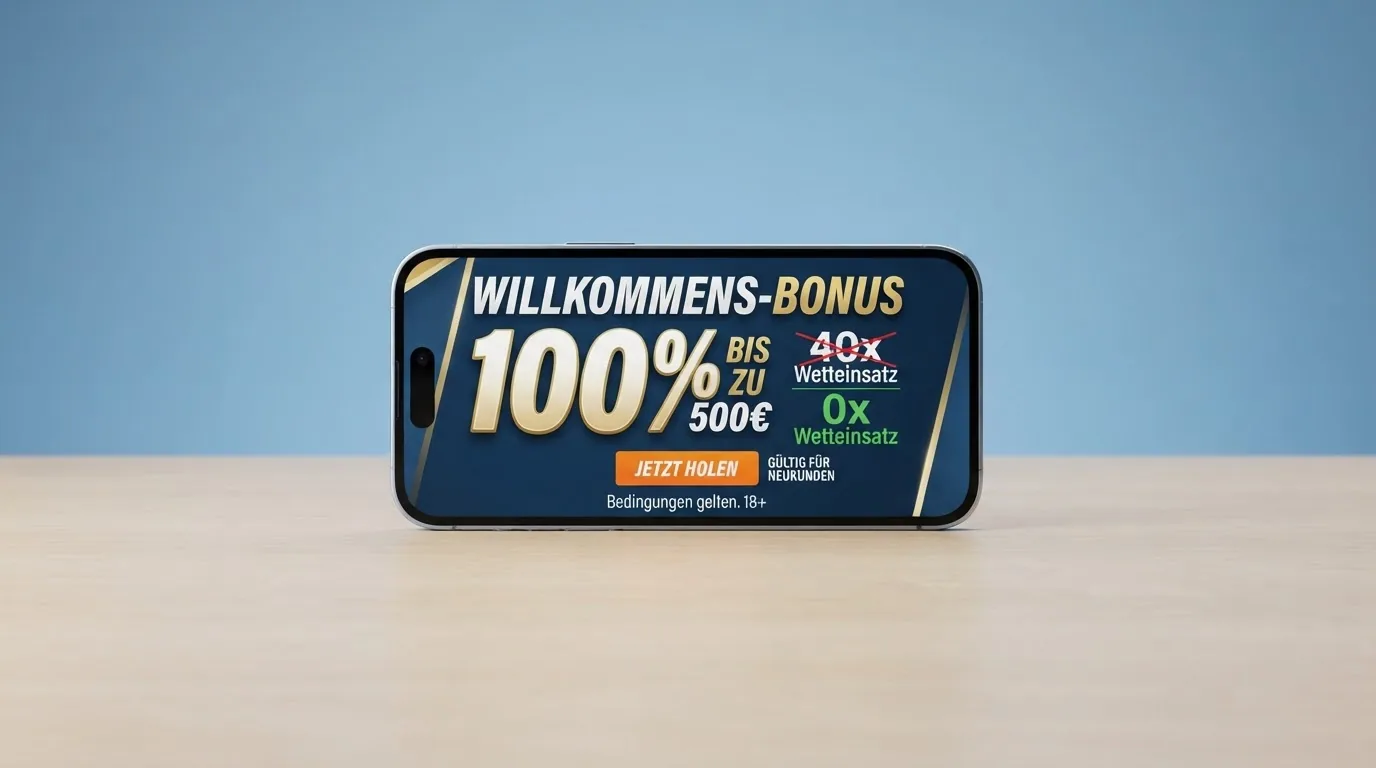 Stilisierte Darstellung eines Willkommensbonus mit Prozentzeichen, durchgestrichenen Beträgen und einem kleinen «Bedingungen gelten»-Hinweis