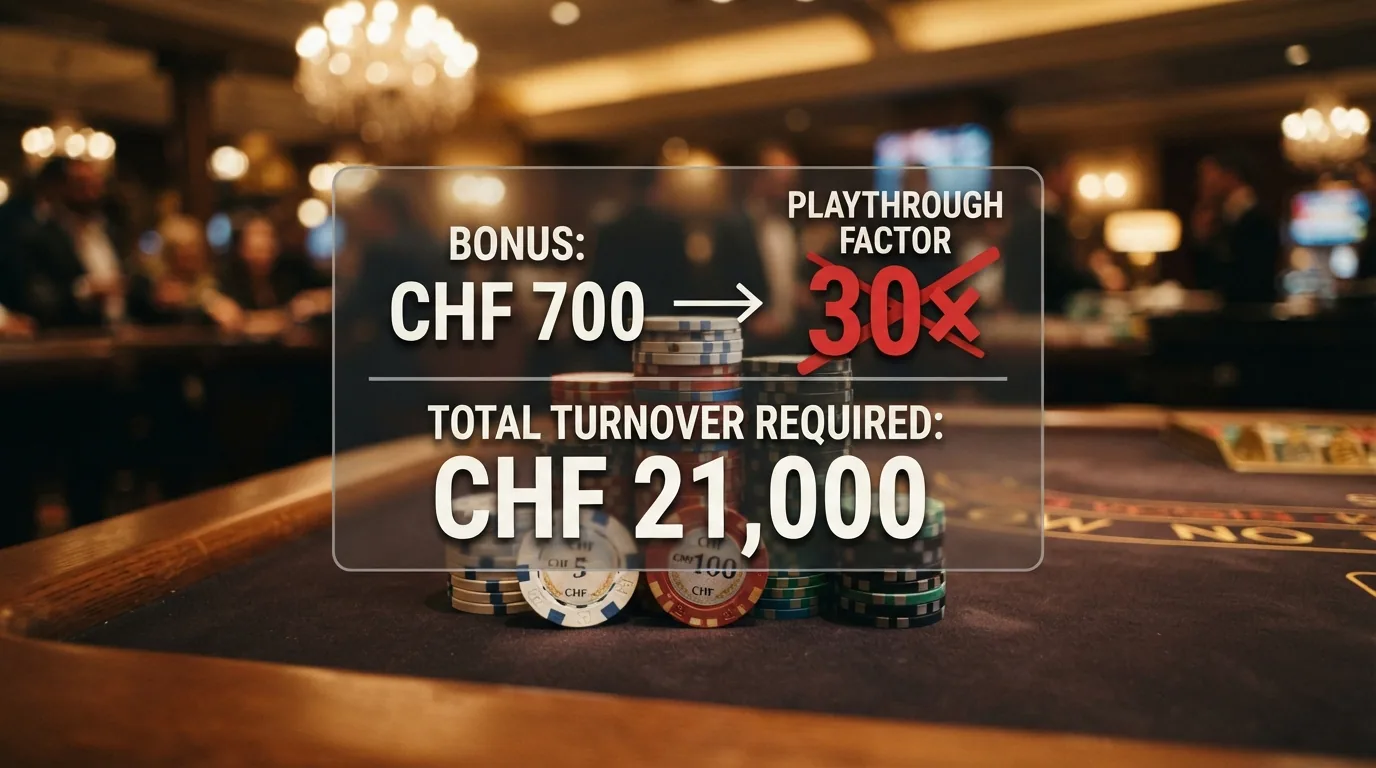 Ein Stapel Bonusgeld mit einer durchgestrichenen Rechentafel, die den Playthrough-Faktor als Hürde zeigt