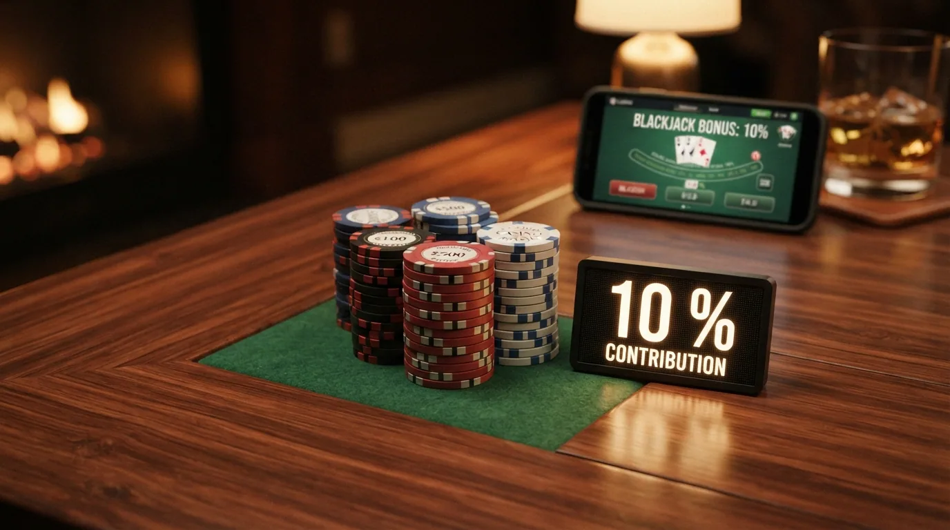 Ein Stapel Casino-Chips neben einer eingeblendeten Prozentangabe «10 %» – visuelle Darstellung der Blackjack-Gewichtung bei der Bonus-Umsetzung