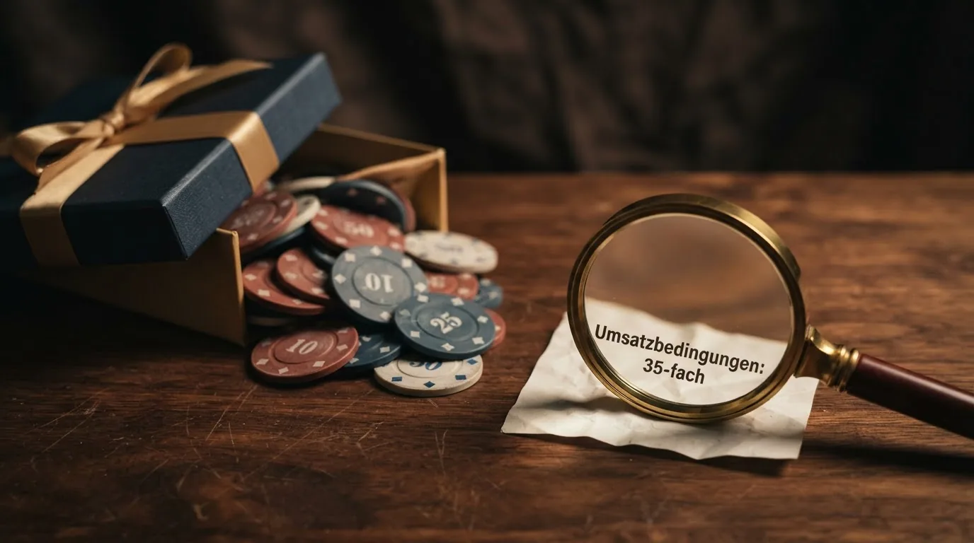 Ein geöffnetes Geschenkpaket mit herausragenden Schweizer Franken-Noten und einem daneben liegenden Kleingedruckten, das unter einer Lupe vergrössert sichtbar wird