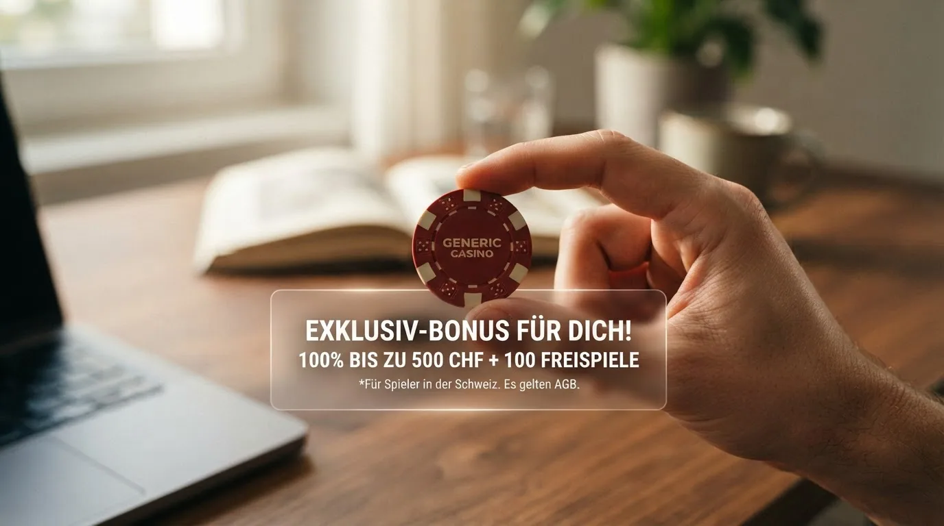 Ein Stapel Schweizer-Franken-Noten mit einem darauf liegenden Bonus-Schriftzug und einer Lupe