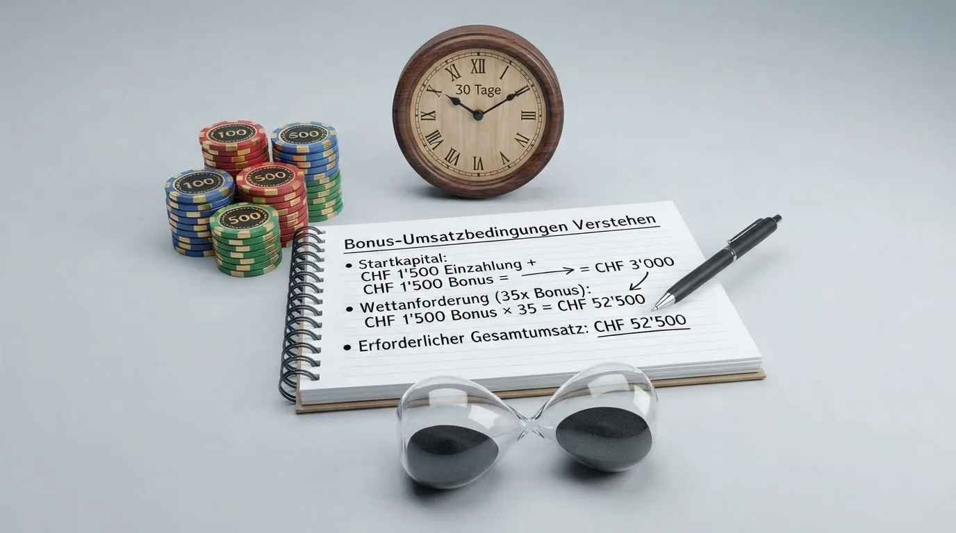 Visuelle Aufschlüsselung einer Bonus-Berechnung: CHF 1’500 Bonus × 35-facher Umsatz = CHF 52’500 erforderlicher Gesamteinsatz, mit Icon für «30 Tage Frist»