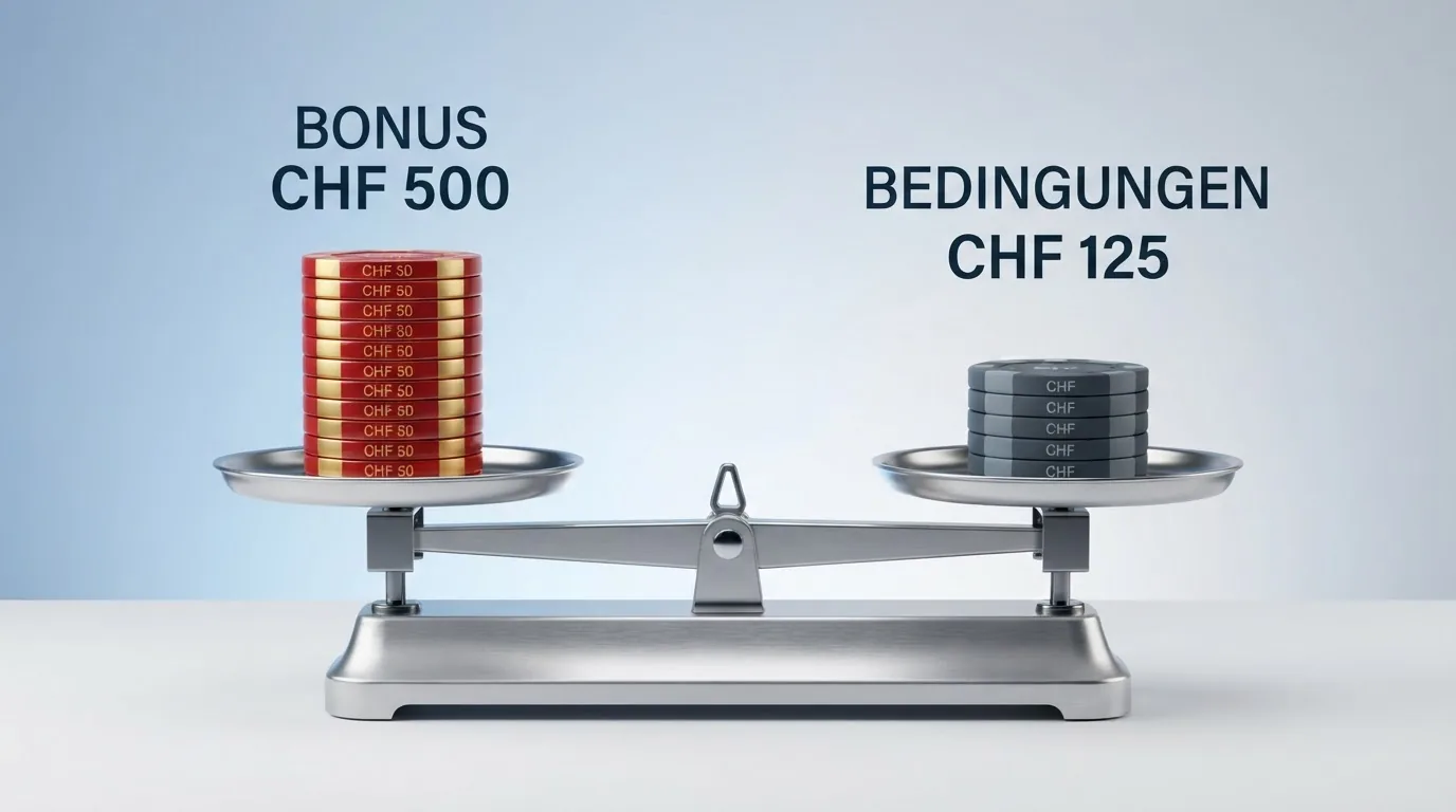 Stilisierte Waage mit «Bonus» auf der einen und «Bedingungen» auf der anderen Seite