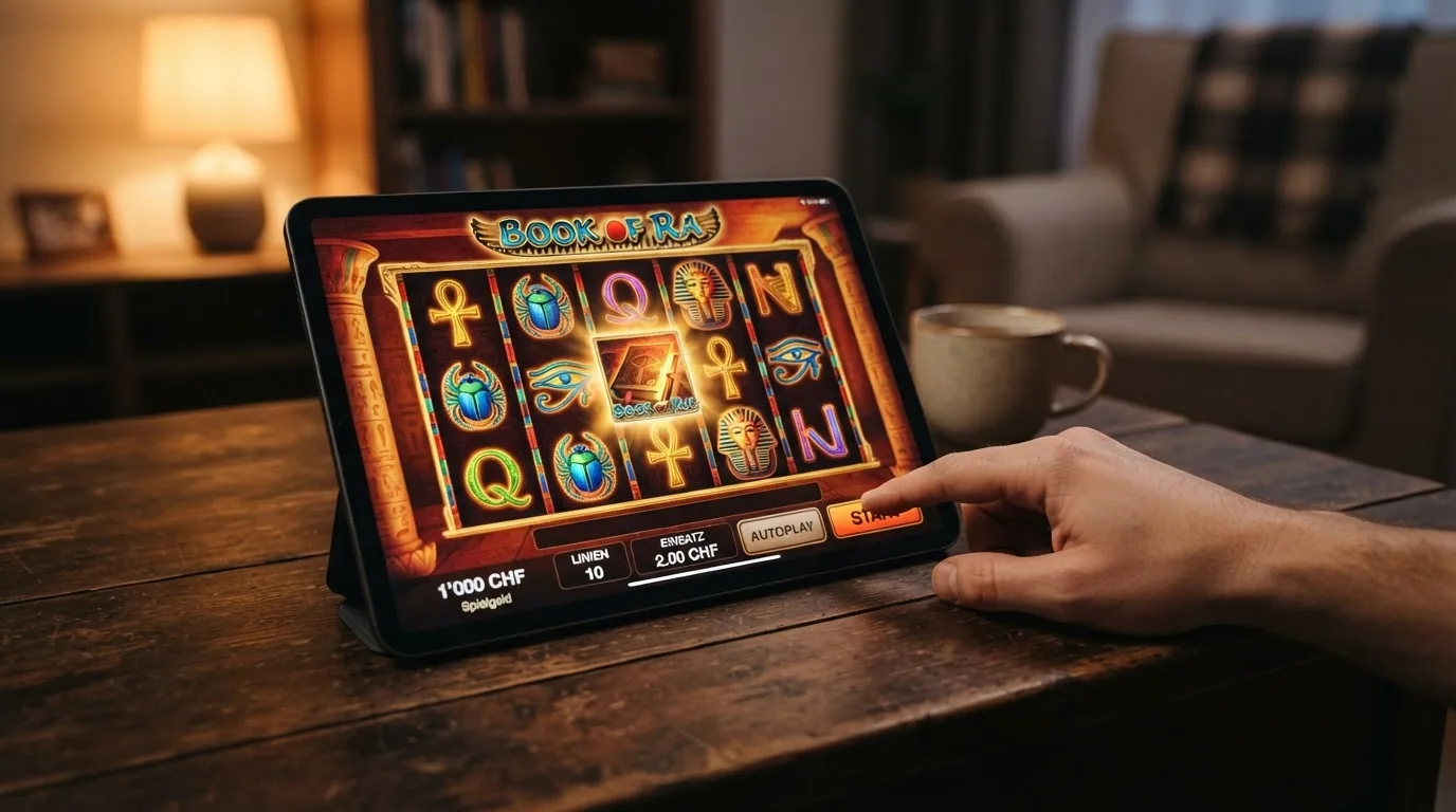 Book of Ra Deluxe im Demo-Modus mit Spielgeld-Guthaben von 1’000 Franken auf dem Bildschirm