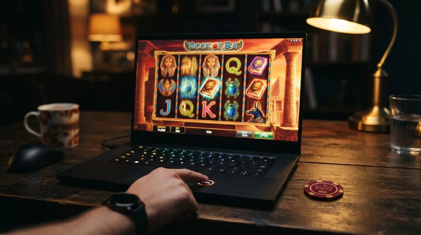 Book-of-Ra-Deluxe-Spielfläche mit Freispiel-Feature und drei expandierenden Büchern auf den Walzen