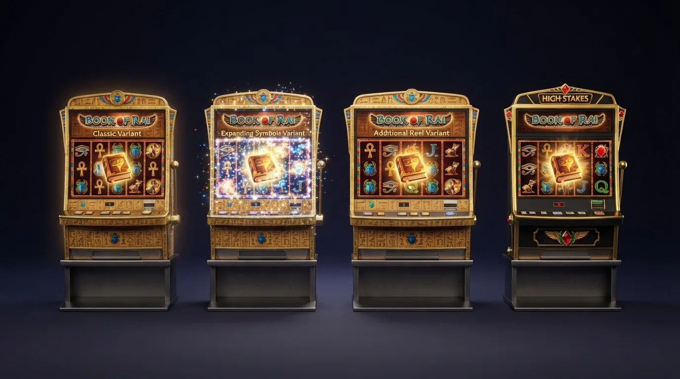 Die vier Book-of-Ra-Varianten Deluxe, Deluxe 6, Magic und Deluxe 10 als Slot-Kacheln nebeneinander