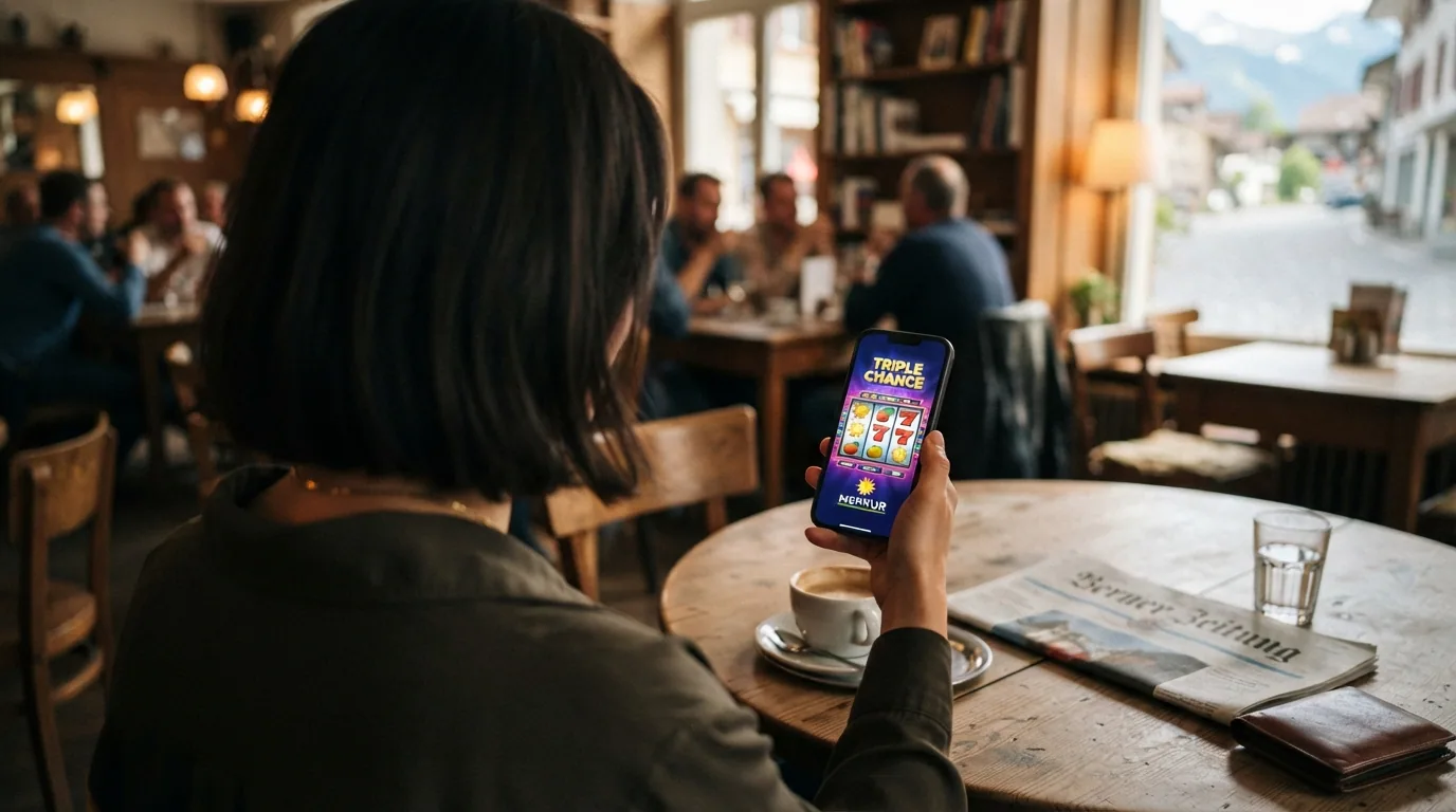 Smartphone mit geöffneter Casino-App, Merkur-Slot auf dem Bildschirm, Schweizer Umgebung im Hintergrund