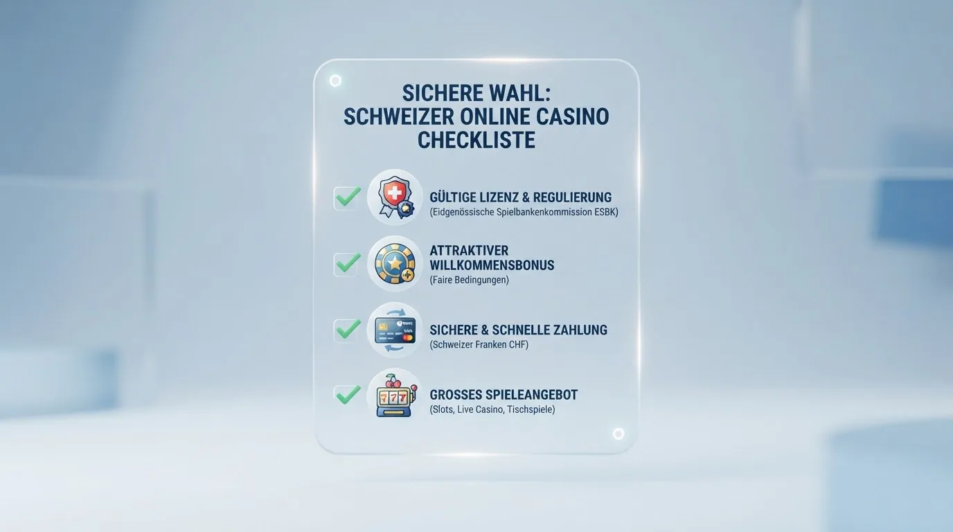 Symbolbild einer Checkliste mit vier abgehakten Punkten: Lizenz, Bonus, Zahlungsmethode und Spiele