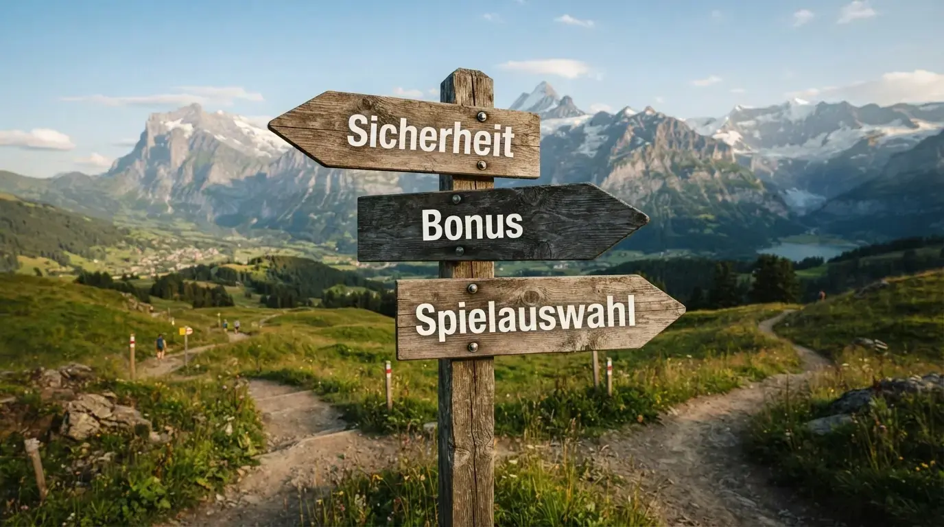 Wegweiser mit drei Richtungen: «Sicherheit», «Bonus», «Spielauswahl»
