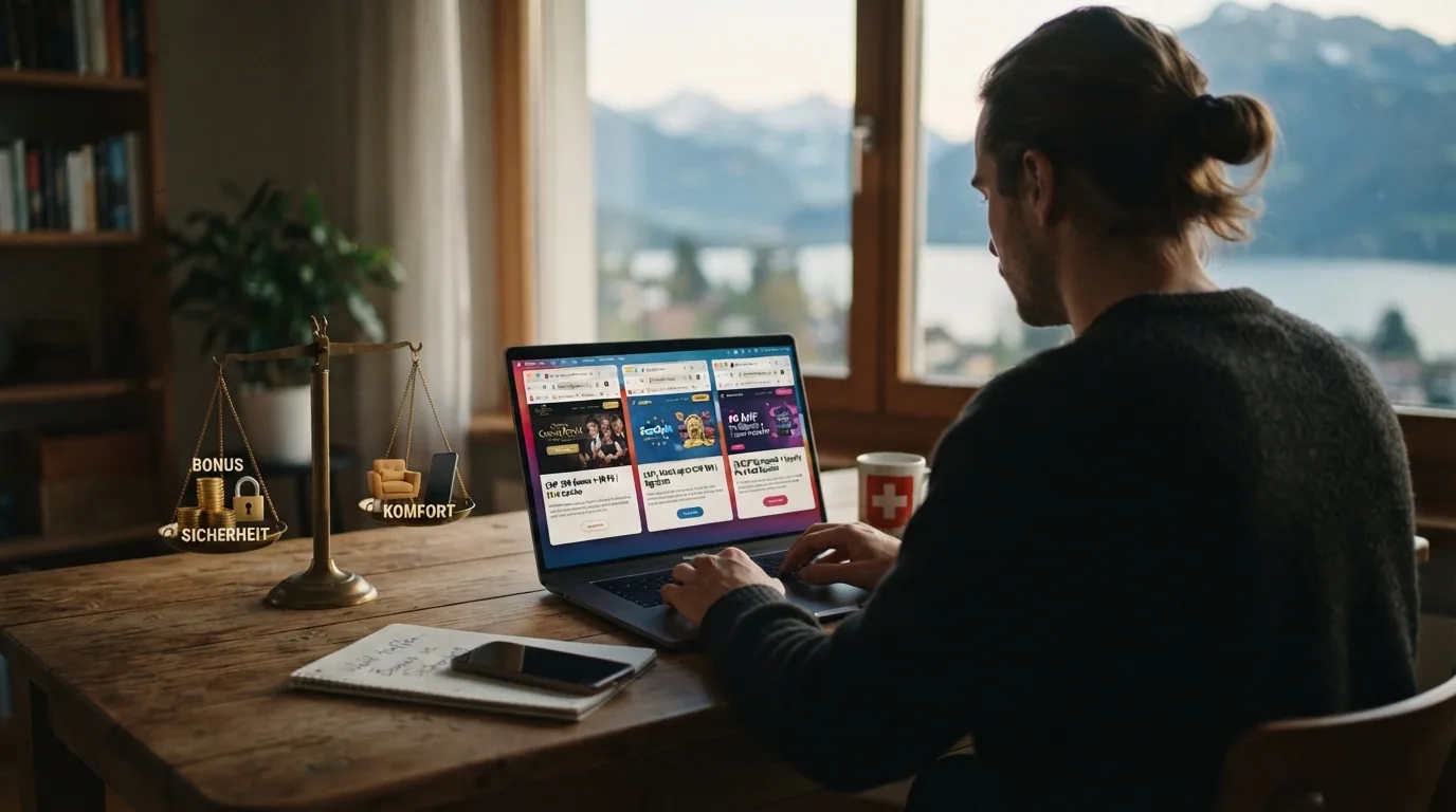 Schweizer Spieler am Laptop mit drei geöffneten Casino-Tabs, im Hintergrund eine Waage mit den Symbolen Bonus, Sicherheit und Komfort