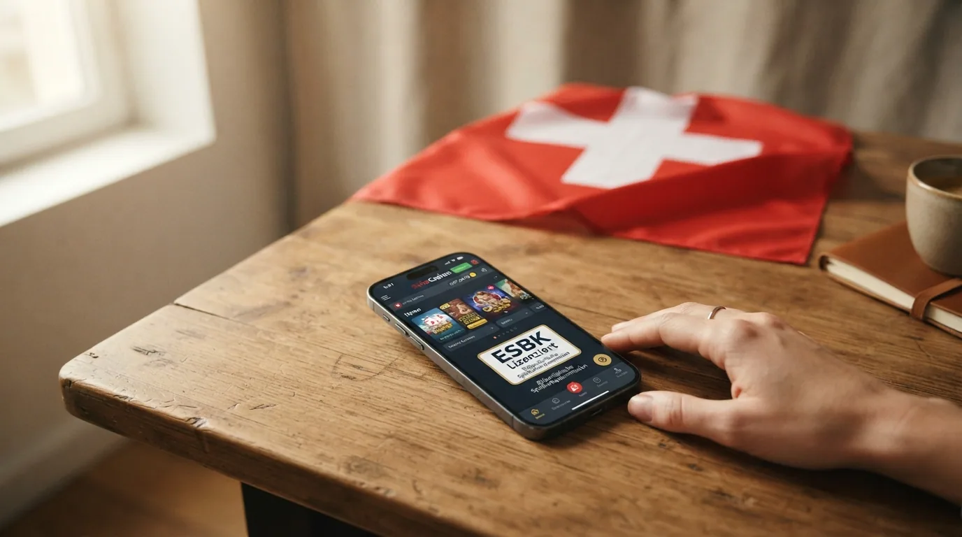 Schweizer Flagge vor einem neutralen Casino-Hintergrund — Symbol für legales und sicheres Spiel