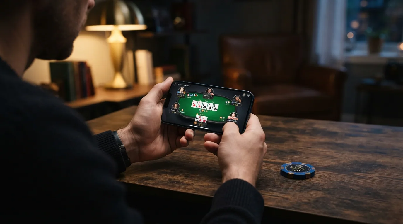Hand im Querformat hält Smartphone mit laufender Poker-Partie, im Hintergrund angedeuteter Pokertisch