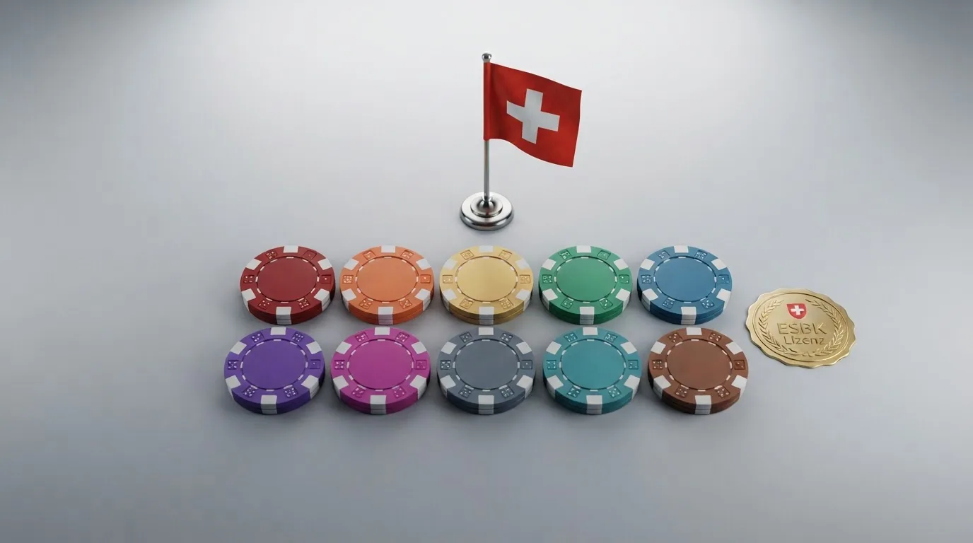 Zehn Casino-Logos in einer übersichtlichen Gitter-Anordnung mit der Schweizer Flagge als verbindendem Element