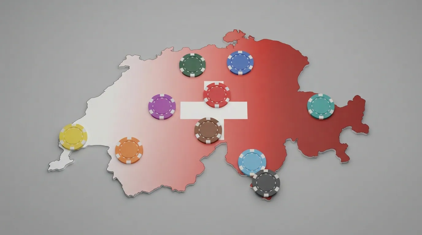 Eine stilisierte Schweizer Karte mit den Standorten der zehn landbasierten Spielbanken, deren Online-Erweiterungen die hier verglichenen Casinos sind
