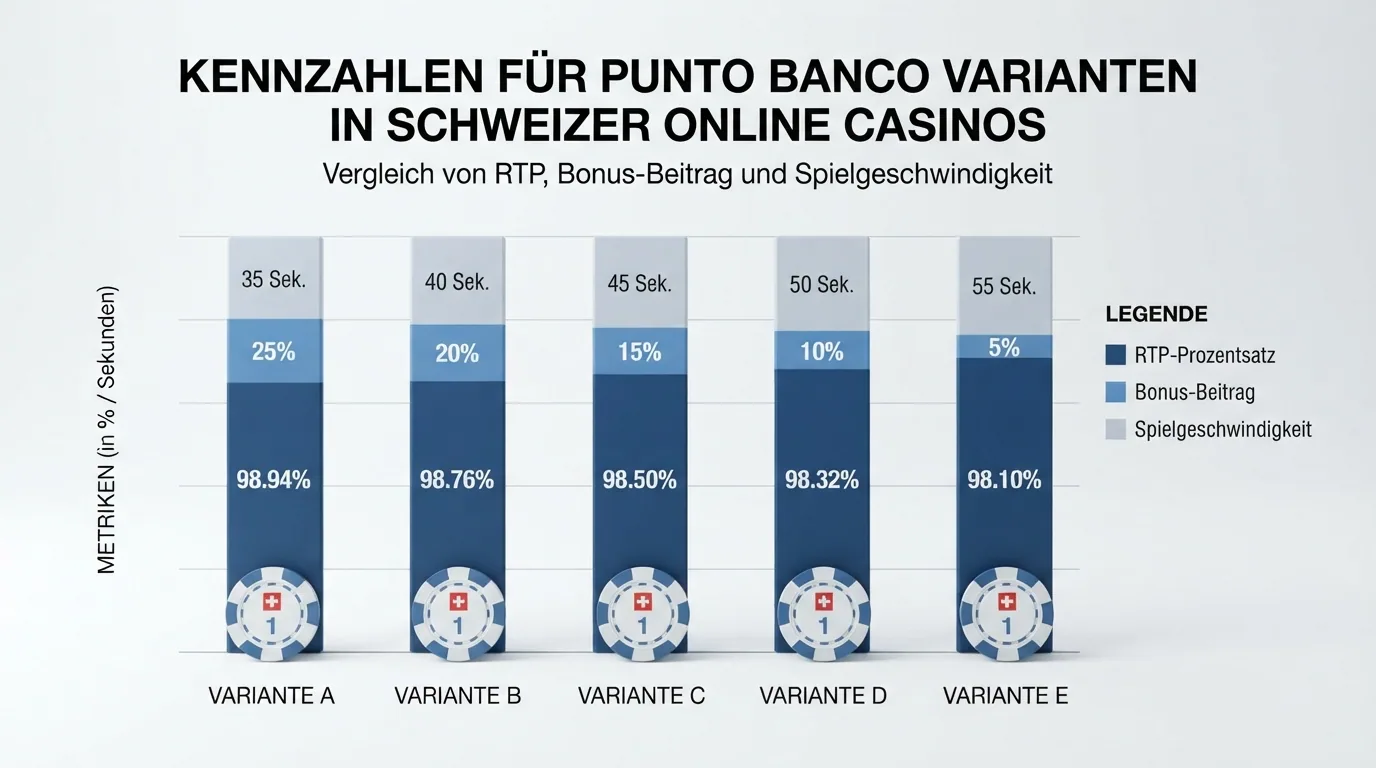 Eine übersichtliche Darstellung der zehn verglichenen Schweizer Online-Casinos mit ihren Punto-Banco-Angeboten in einer tabellarischen Visualisierung