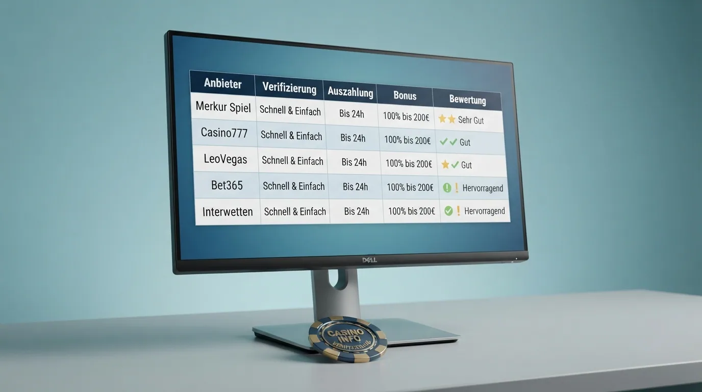 Vergleichstabelle mit Casino-Logos und farblich markierten Bewertungskriterien auf einem Monitor
