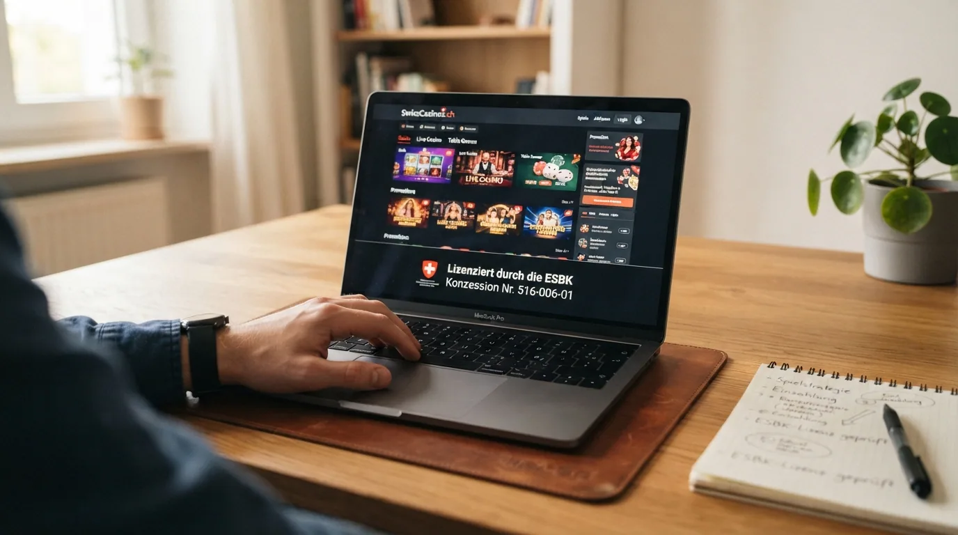Übersicht der zehn Schweizer Online-Casino-Logos mit den ESBK-Lizenzdaten neben ihren Bonus-Angeboten
