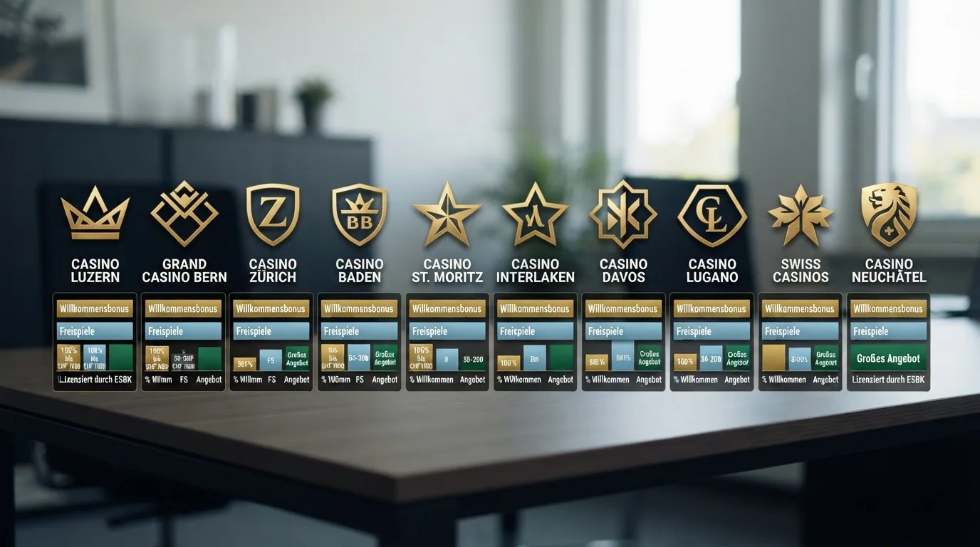 Zehn Casino-Logos in einer Reihe, darunter farbige Balken für Bonus-Höhe, Freispiel-Anzahl und Jackpot-Auswahl