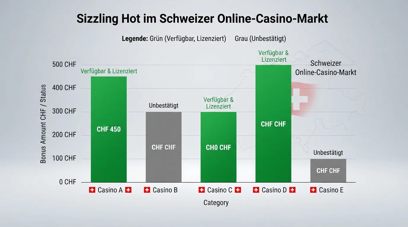 Übersichtliche Vergleichstabelle mit den Logos und Kern-Daten der 10 gerankten Schweizer Online-Casinos, sortiert nach Sizzling-Hot-Verfügbarkeit