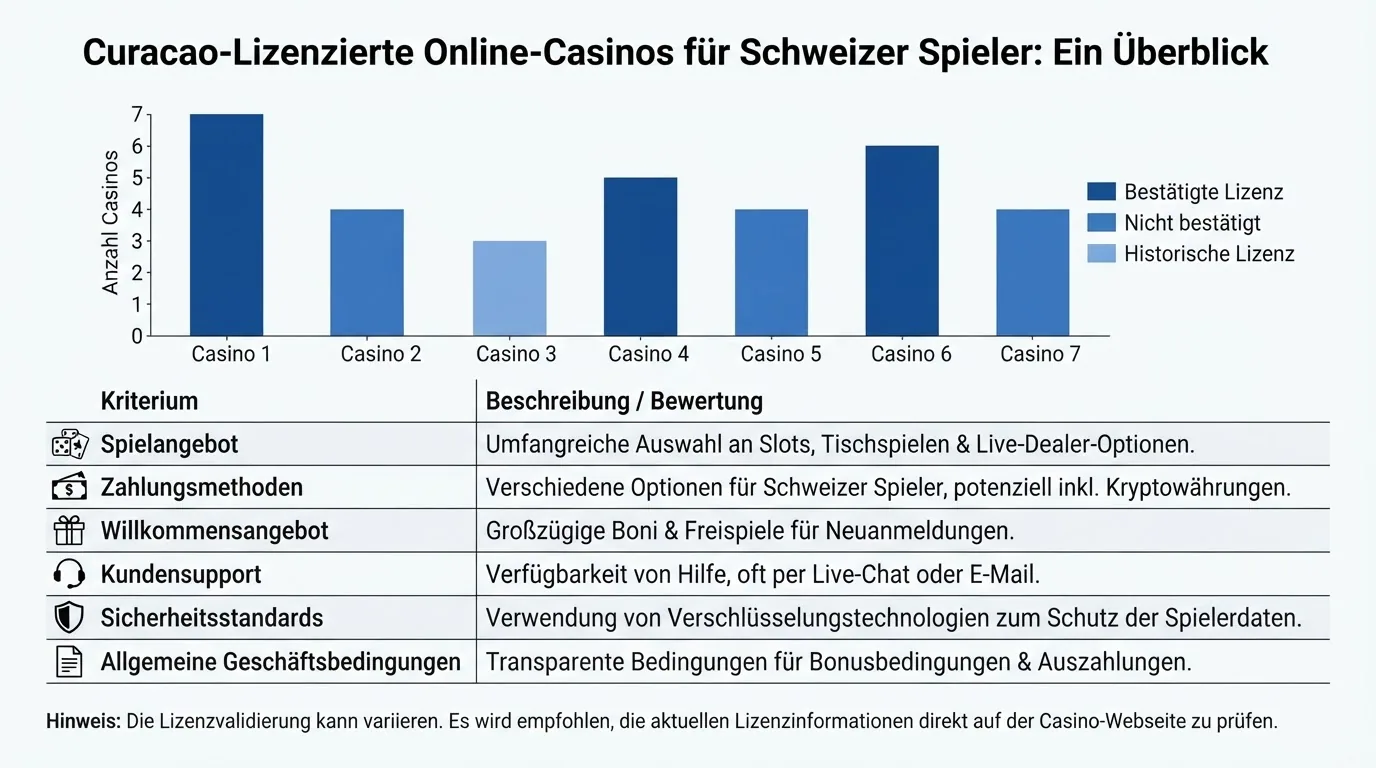 Eine visuelle Übersicht mit den Logos der sieben vorgestellten Curacao-Casinos in einer tabellarischen Anordnung