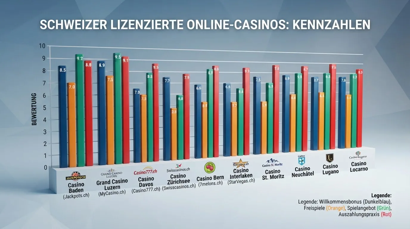 Vergleichstabelle mit den zehn lizenzierten Schweizer Online Casinos, sortiert nach Willkommensbonus