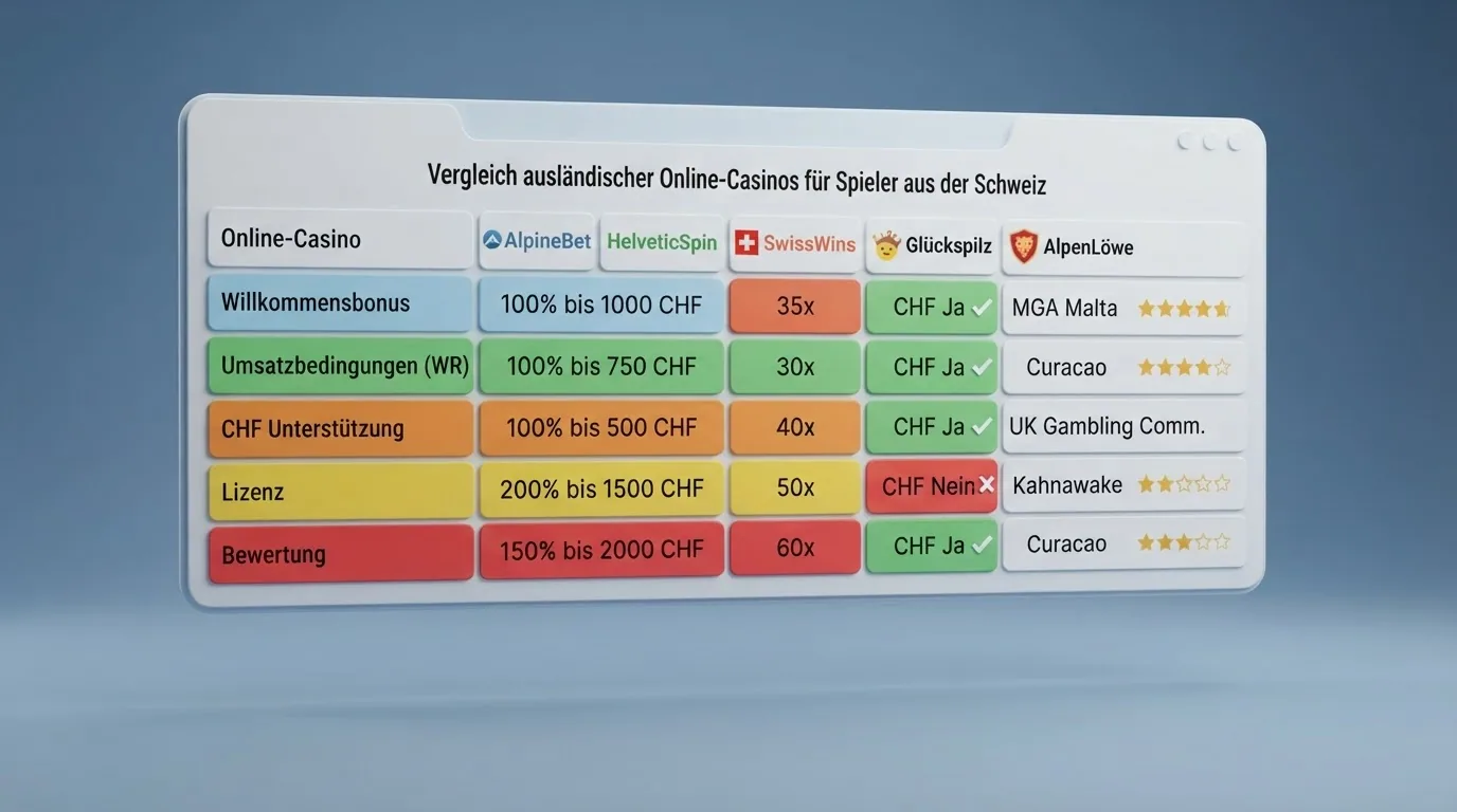 Zehn Casino-Logos in einer Reihe, darunter farbige Balken für Bonus-Höhe und Umsatzbedingung, sortiert nach Gesamtwertung