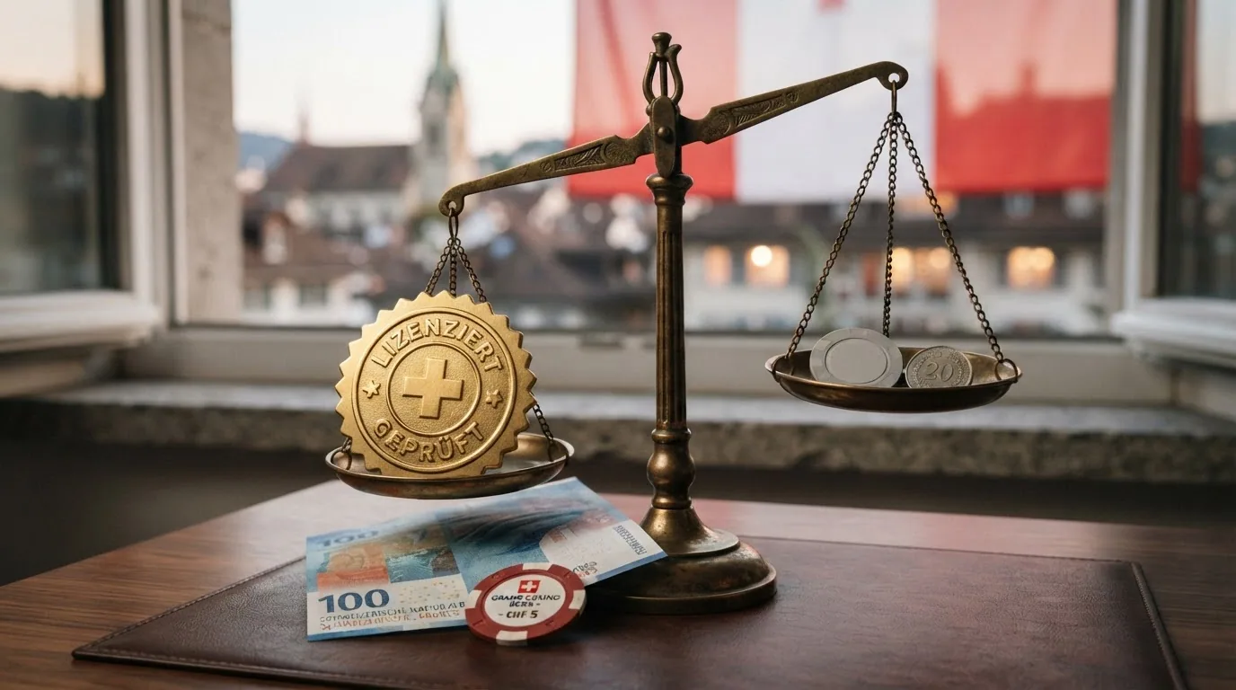 Eine Waage, auf deren einer Schale ein ESBK-Siegel und auf der anderen ein durchgestrichenes Offshore-Symbol liegt — die Waage neigt sich klar zum Siegel