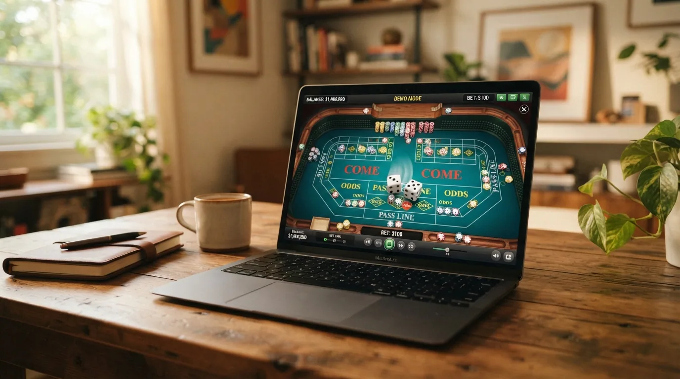 Laptop-Bildschirm mit Craps-Spielfeld im Demo-Modus — Spielgeld-Chips sichtbar