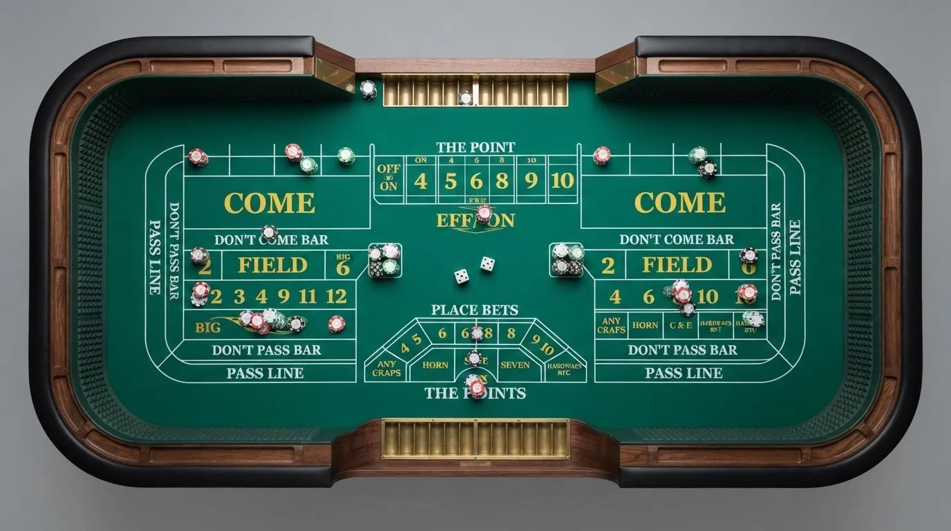 Craps-Tisch von oben mit beschrifteten Wettzonen: Pass Line, Come, Don't Pass, Field