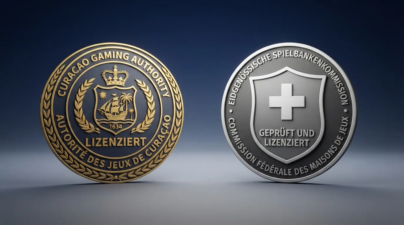 Zwei offizielle Dokumente nebeneinander: das Curacao-Lizenzsiegel im linken und eine ESBK-Konzessionsurkunde im rechten Bildbereich