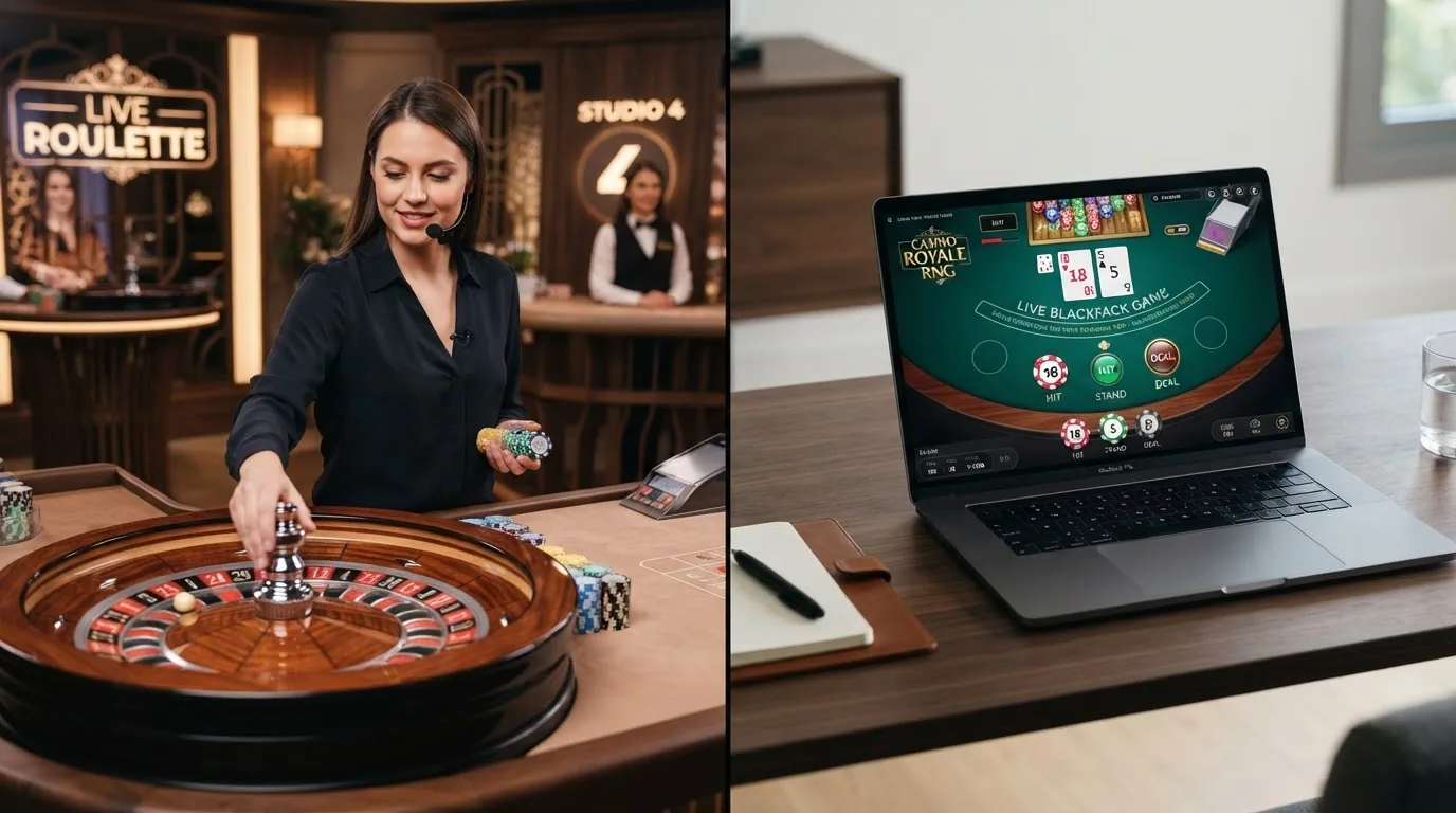 Zwei Bildschirme nebeneinander: links ein Live-Dealer mit Roulette-Kessel vor einer Studio-Kulisse, rechts eine computergenerierte RNG-Spieloberfläche