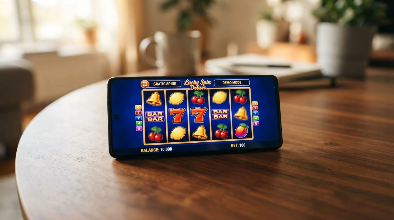 Ein Smartphone mit geöffnetem Jackpot-Slot im Demo-Modus, deutlich als «Gratis» markiert, daneben ein leerer Einsatz-Zähler
