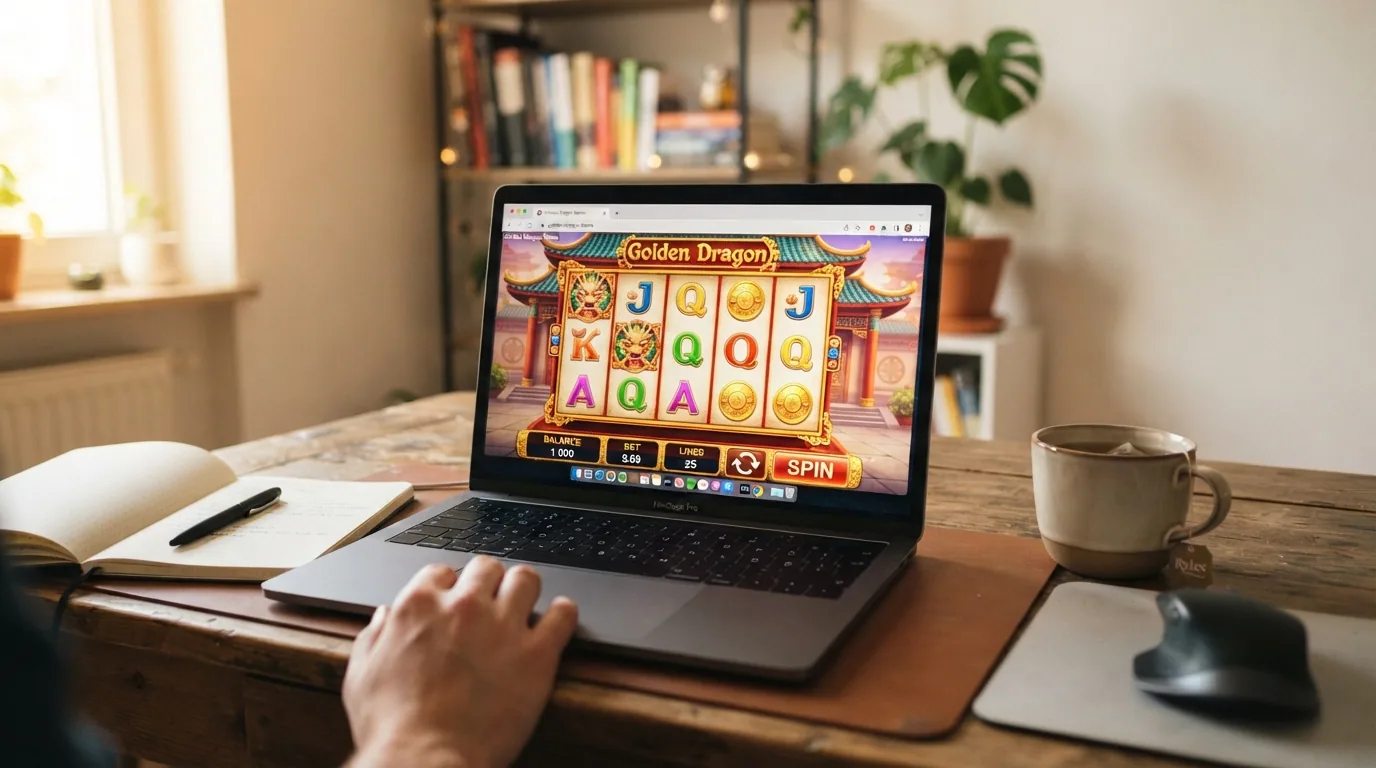 Browser-Fenster mit einem Slot-Spiel im Demo-Modus, deutlich sichtbares «Guthaben: 1 000» in Spielwährung